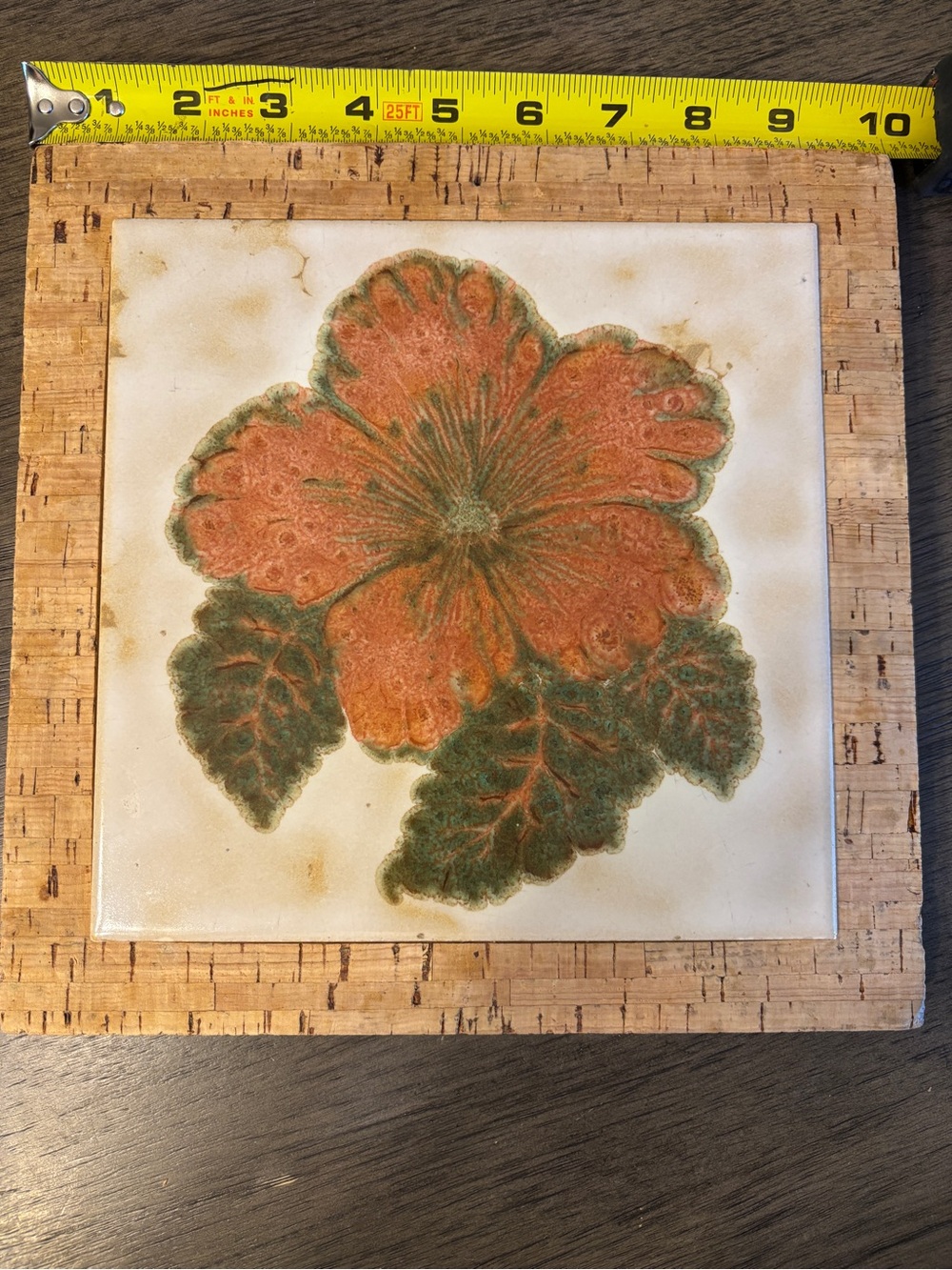 Vintage Floral Ceramic Tile Trivet with Cork Frame - Orange & Green - Picture 3 of 5